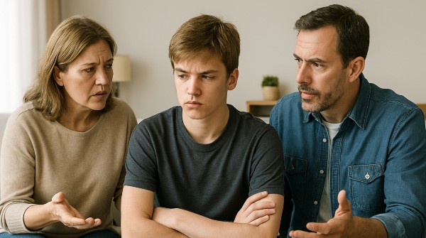 Padres tratando de conversar con su hijo que se niega a mantener esa conversación