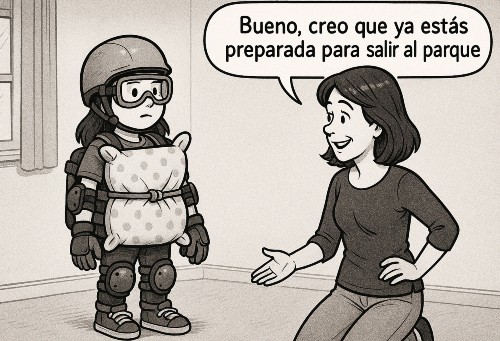 madre sobreprotegiendo a su hija con equipo protector para ir a jugar al parque