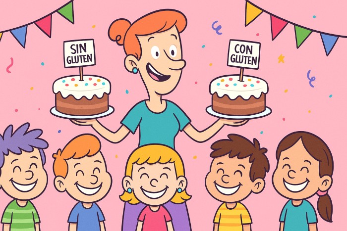 fiesta de cumpleaños donde la mamá prepara dos tartas, una con gluten y otra sin gluten