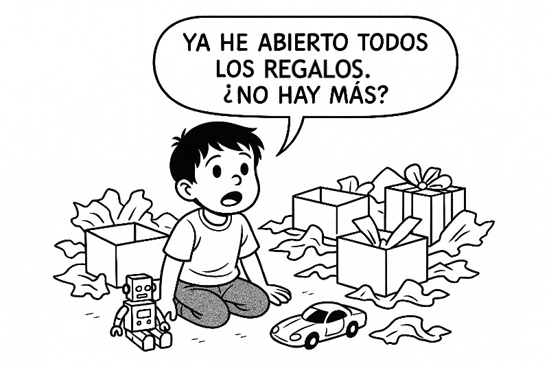 Niño rodeado de regalos que no valora por exceso de juguetes
