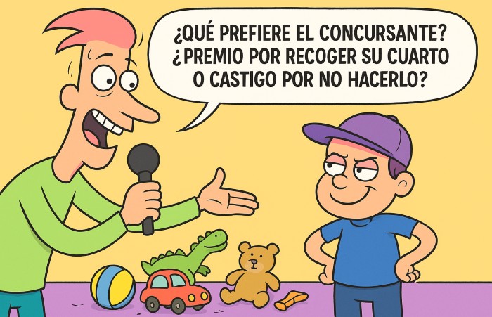 padre pidiendo a su hijo, de forma creativa, que recoja su cuarto
