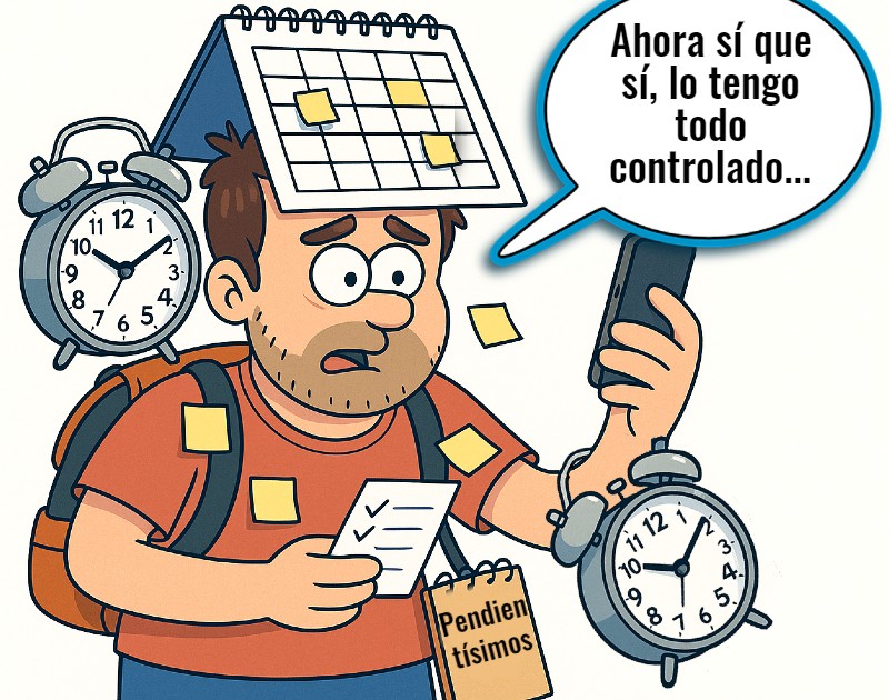adulto con TDAH rodeado de avisos para compensar su inatención