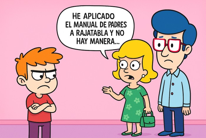 Viñeta humorística de padres desesperados porque no saben qué hacer con su hijo a pesar de haberse leído el manual para padres