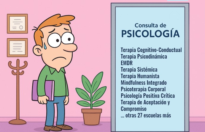 Un paciente lee asombrado todas las posibles escuelas psicológicas sin saber por cuál decidirse