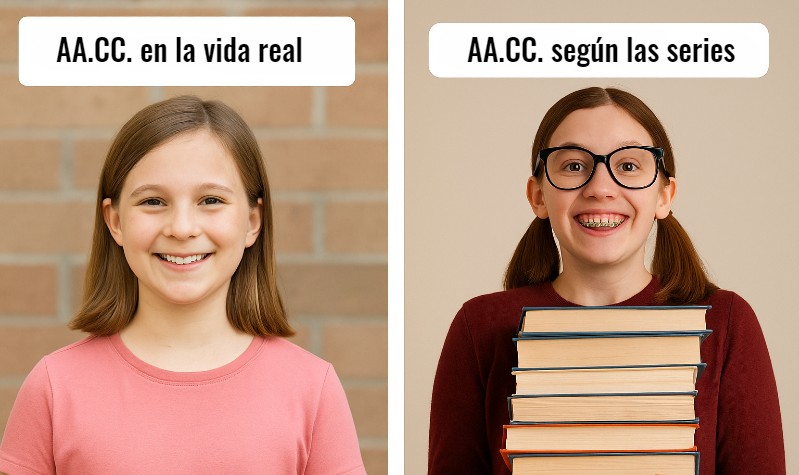 fotografía de una niña con AA.CC. en la vida real e imagen de la misma niña según las series de TV