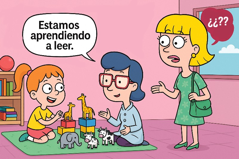 niña que aprende a leer jugando con su terapeuta ante el asombro de su madre