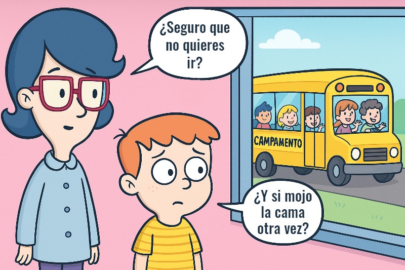 niño que no quiere ir a la excuriskión del colegio por miedo a mojar la cama