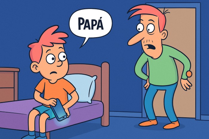 niño esconde el móvil cuando su padre entra en la habitación porque está viendo pornografía
