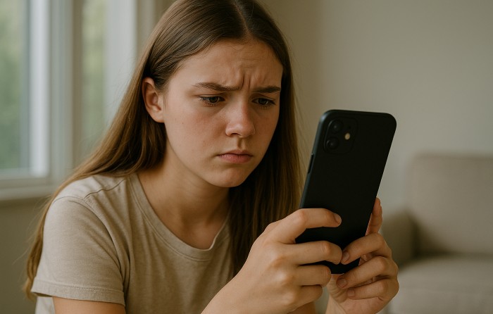 niña mira un mensaje amenazador que ha recibido por redes sociales