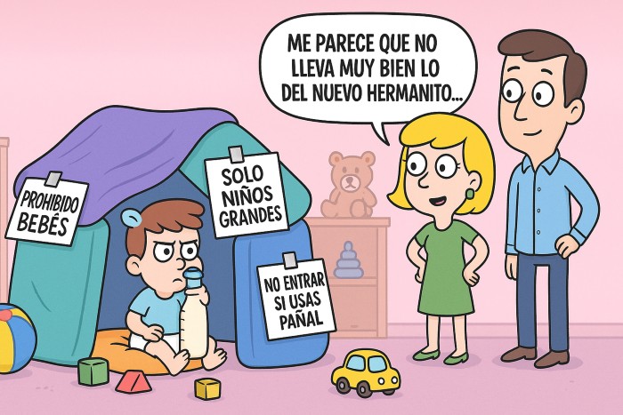 niño con celos hacia su hermano pequeño que ha montado un fuerte para que este no pueda entrar