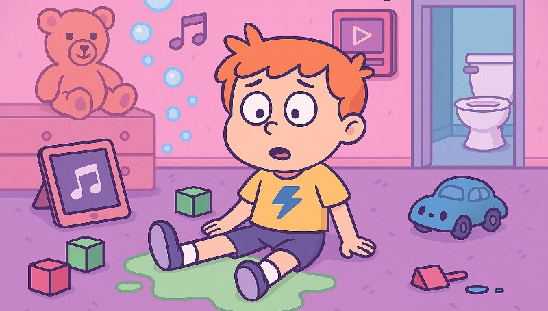 A un niño con enuresis se le escapa el pis mientras está entretenido jugando