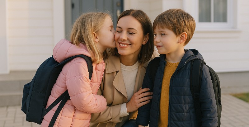 niños a la puerta del colegio despidiéndose de su madre