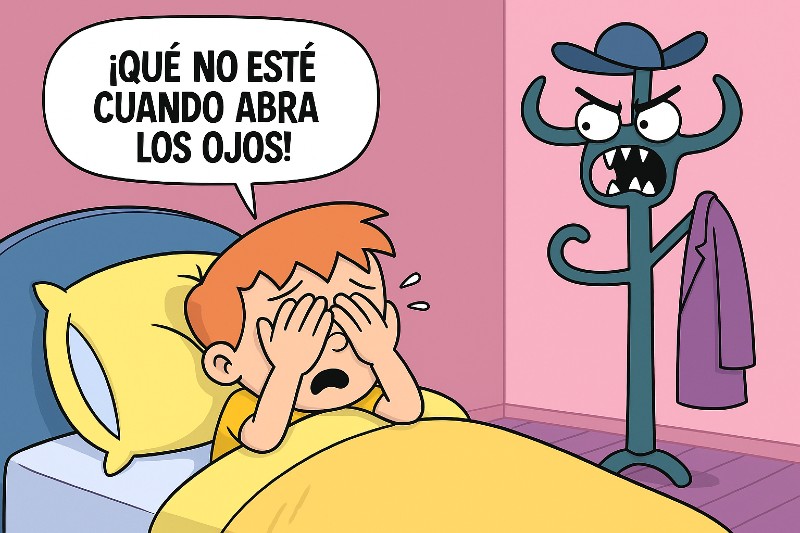 Niño mirando aterrorizado el perchero desde la cama porque cree que es un monstruo