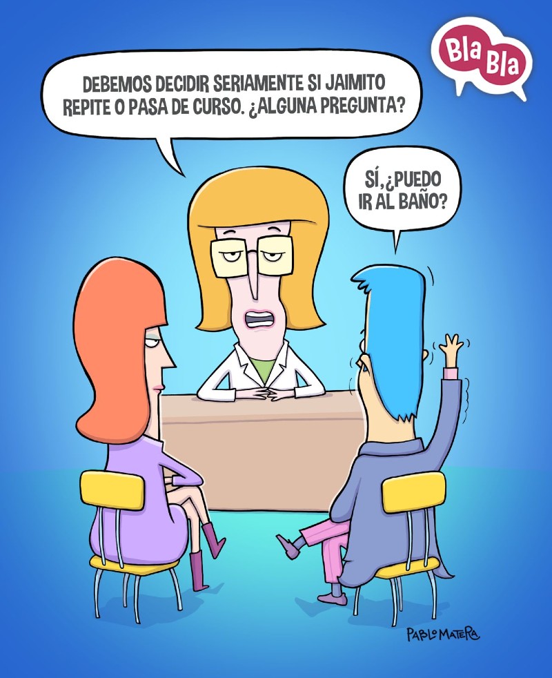 Caricatura en la que una profesora habla con los padres de un niño para ver si repite o no curso