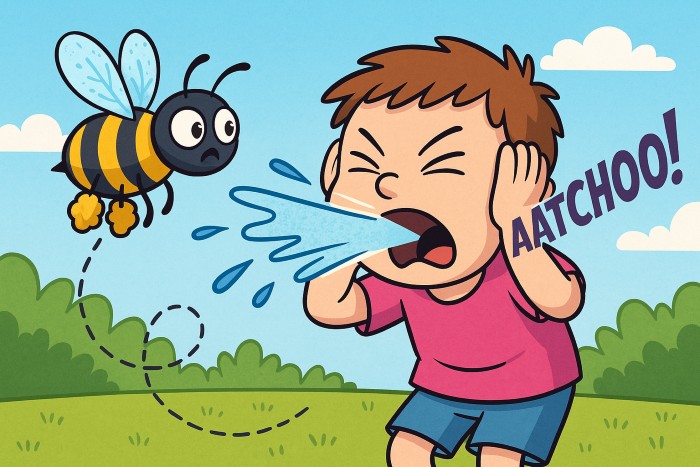 niño que estornuda porque se le acerca una abeja con polen entre las patas