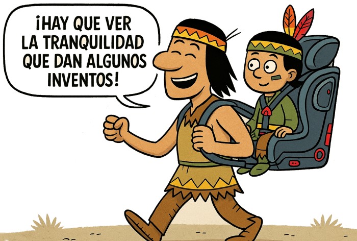 indio caminando con su hijo a la espalda en una silla ergonómica