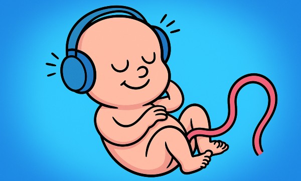 feto en el vientre de la madre escuchando sonidos con unos auriculares