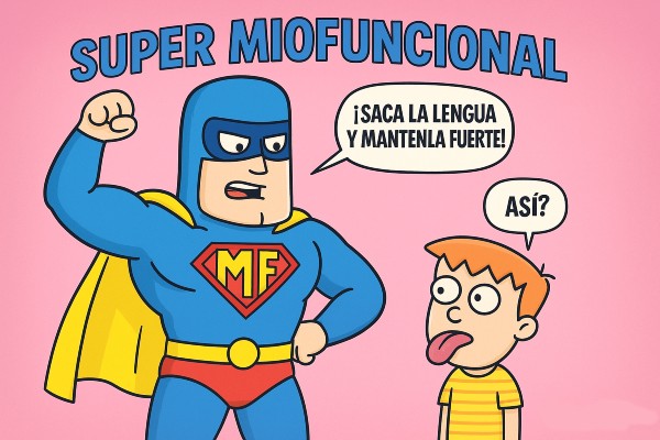 Superhéroe enseñando a un niño como tiene que hacer terapia funcional