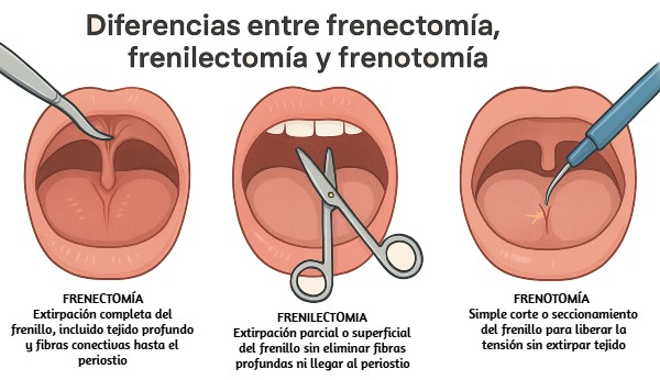 Ilustración comparativa de frenectomía, frenilectomía y frenotomía, mostrando diferencias en el tratamiento del frenillo