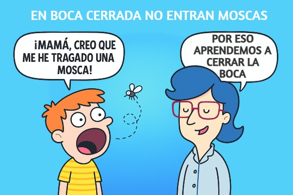 viñeta divertida donde un niño aprende a respirar por la nariz para tragarse moscas