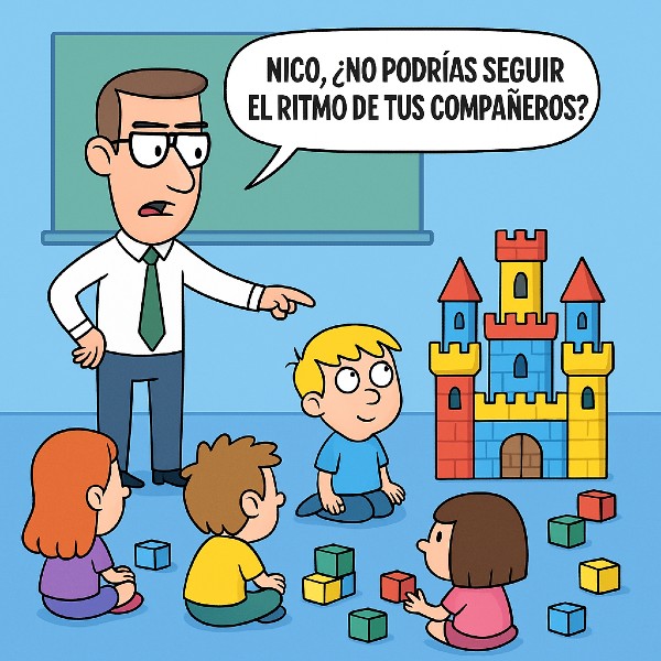 profesor regañando a un alumno, porque hace construcciones complejas con bloques a un ritmo más rápido que sus compañeros