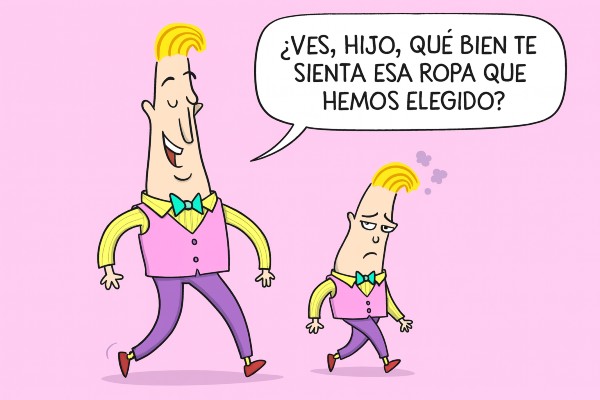 Padre feliz presume la ropa que eligió para su hijo; el niño, vestido igual, camina con cara de disgusto