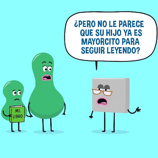 Viñeta educativa con tres personajes, uno de ellos niño con libro, sobre lectura y pensamiento crítico.