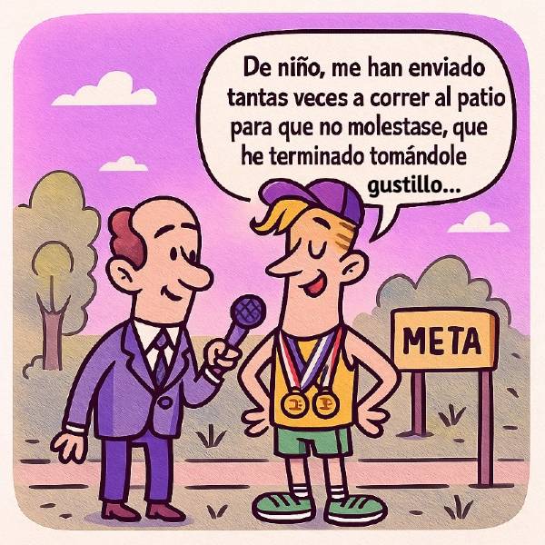 Viñeta corredor que llega a meta y a la pregunta del periodista responde que deportista por lo mucho que ha corrido de niño como consecuencia de su TDAH