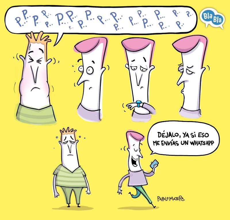Persona con disfemia intentando hablar mientras su interlocutor pierde la paciencia y le sugiere comunicarse por WhatsApp.