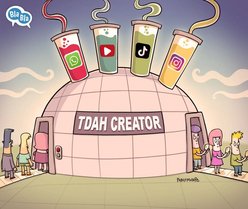Caricatura que muestra cómo la sobreestimulación y el uso de redes sociales pueden fomentar síntomas parecidos al TDAH en niños