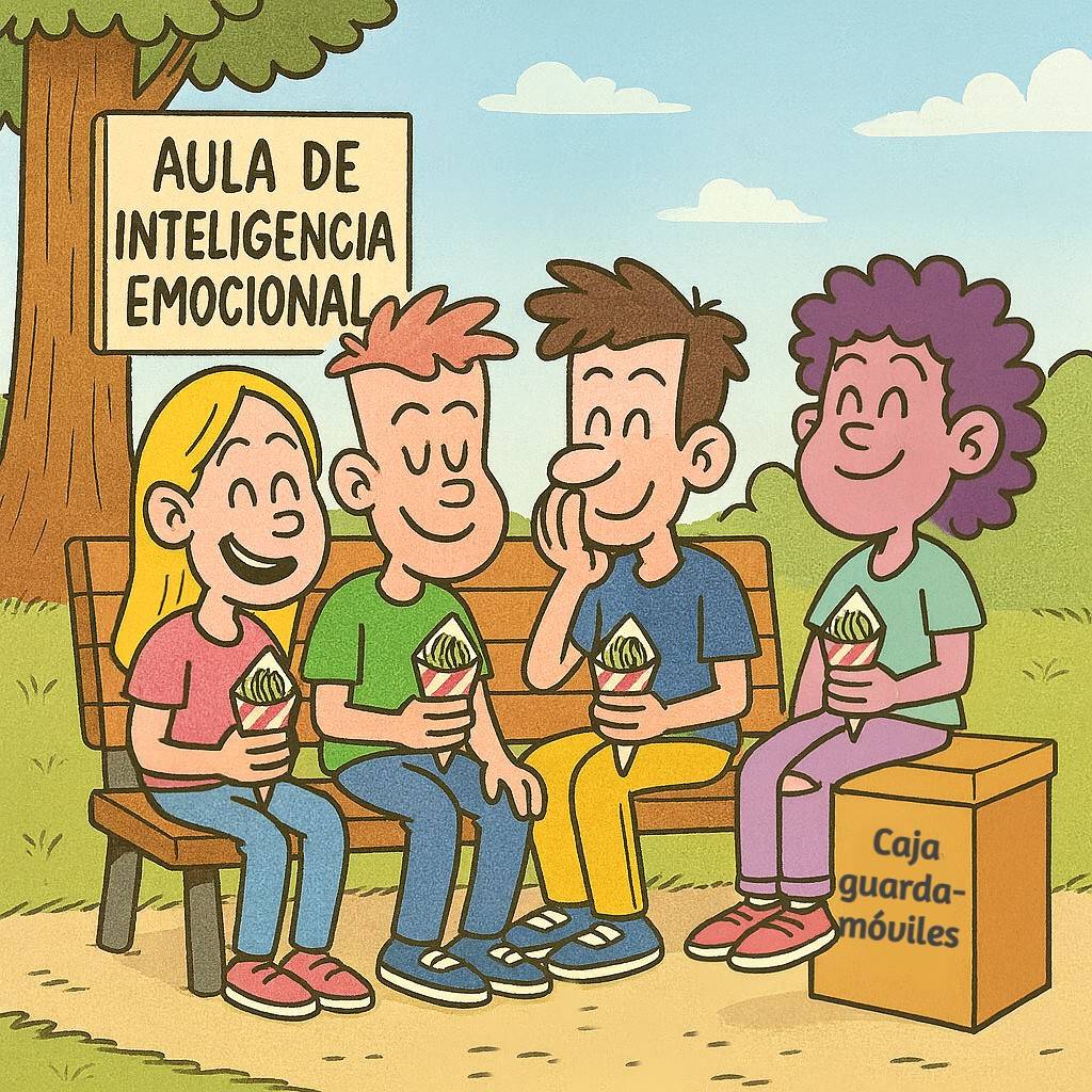 Adolescentes conversando sin móviles en un aula simbólica de convivencia