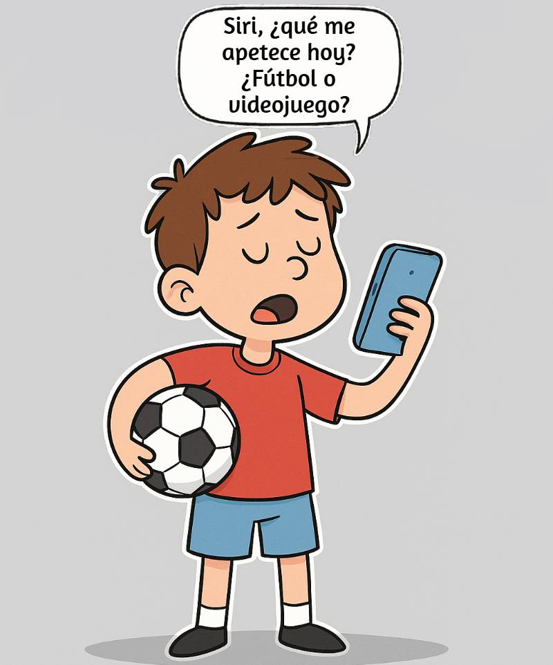 Niño pregunta a Siri si elegir fútbol o videojuego como reflejo de la dificultad de tomar decisiones en la era digital.