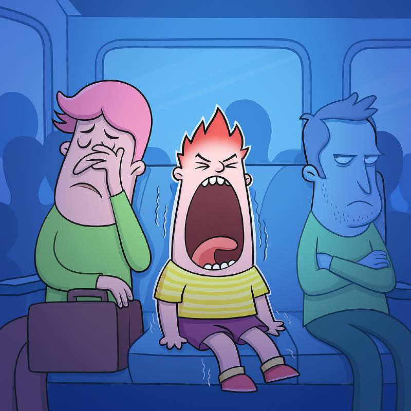 Niño llorando en un transporte público ante la mirada reprobadora de otro viajero