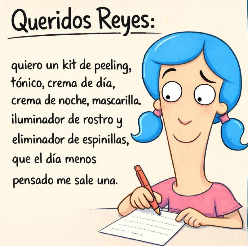 Una niña escribe a los Reyes Magos pidiéndoles un montón de productos cosméticos