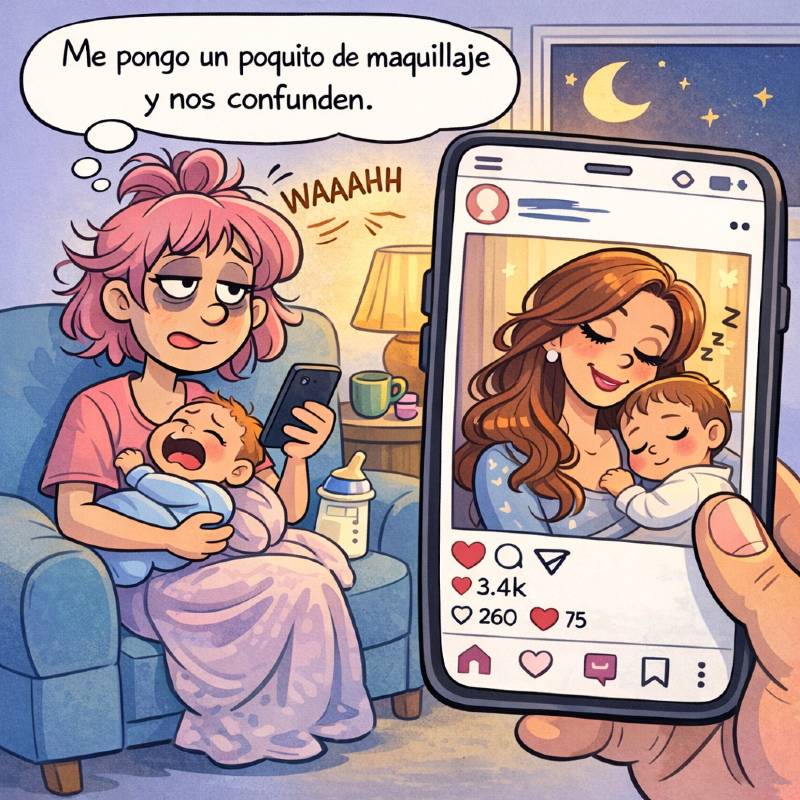 Madre agotada se compara con la imagen de la maternidad que aparece en redes sociales