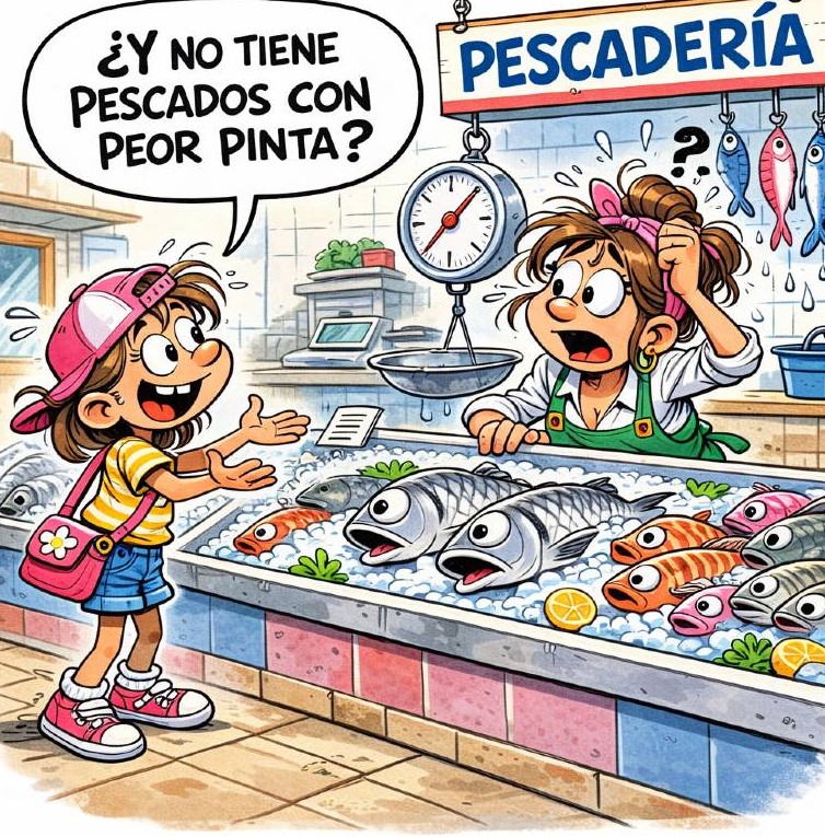 Niña solicita a la pescadera un pescado en mal estado para que no vuelvan a enviarla al mercado