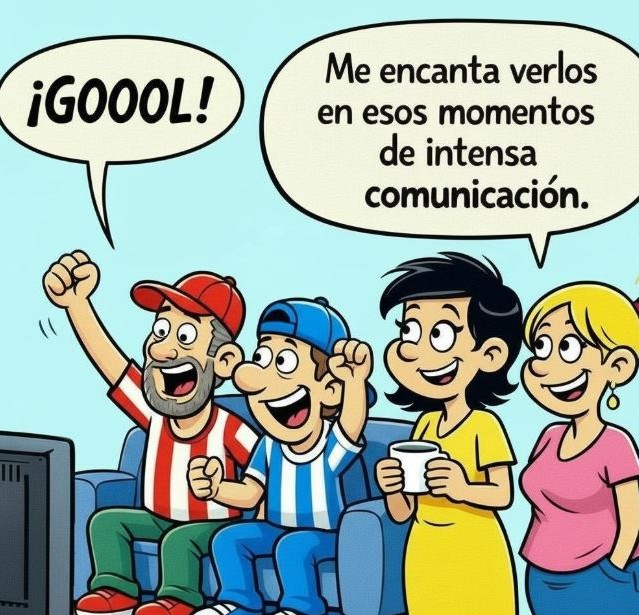 Padre y su hijo adolescente ven un partido de fútbol ante la sonrisa de la madre