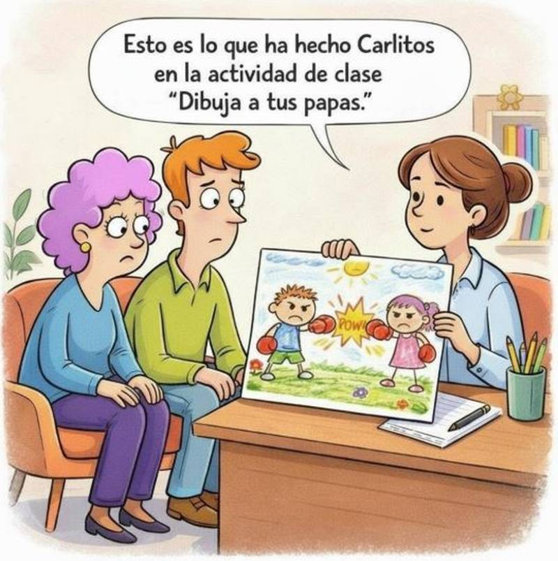 Profesora muestra a los padres un dibujo hecho por su hijo donde estos aparecen peleándose