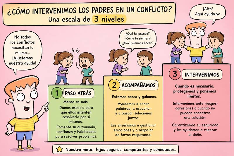 Los tres niveles de intervención de los padres en caso de conflicto entre hijos
