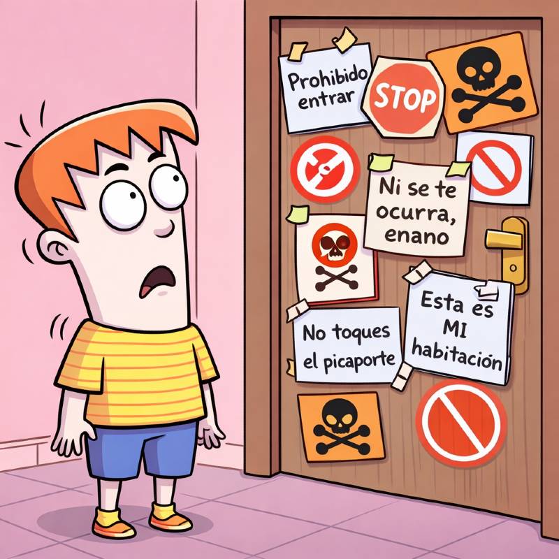 Habitación de adolescente llena de mensajes para disuadir a su hermano de entrar en ella.