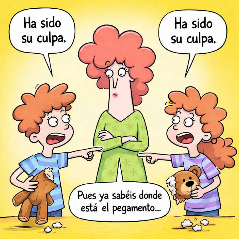 Dos hermanos discuten ante su madre por un osito. Dado que es una discusión menor, esta se mantiene al margen.