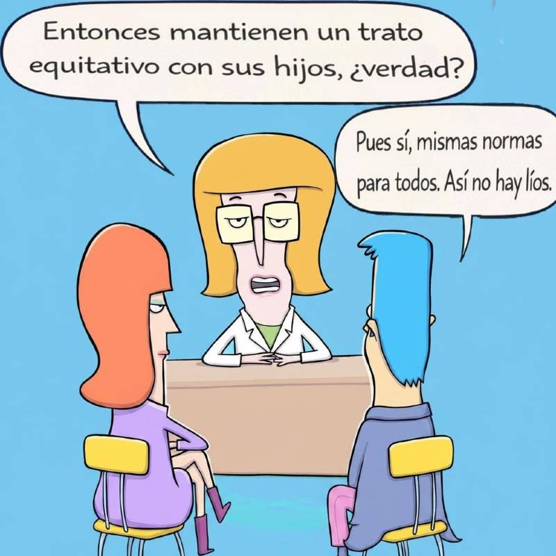 Psicóloga tratando de explicar a los padres en qué consiste el trato equitativo de los hermanos