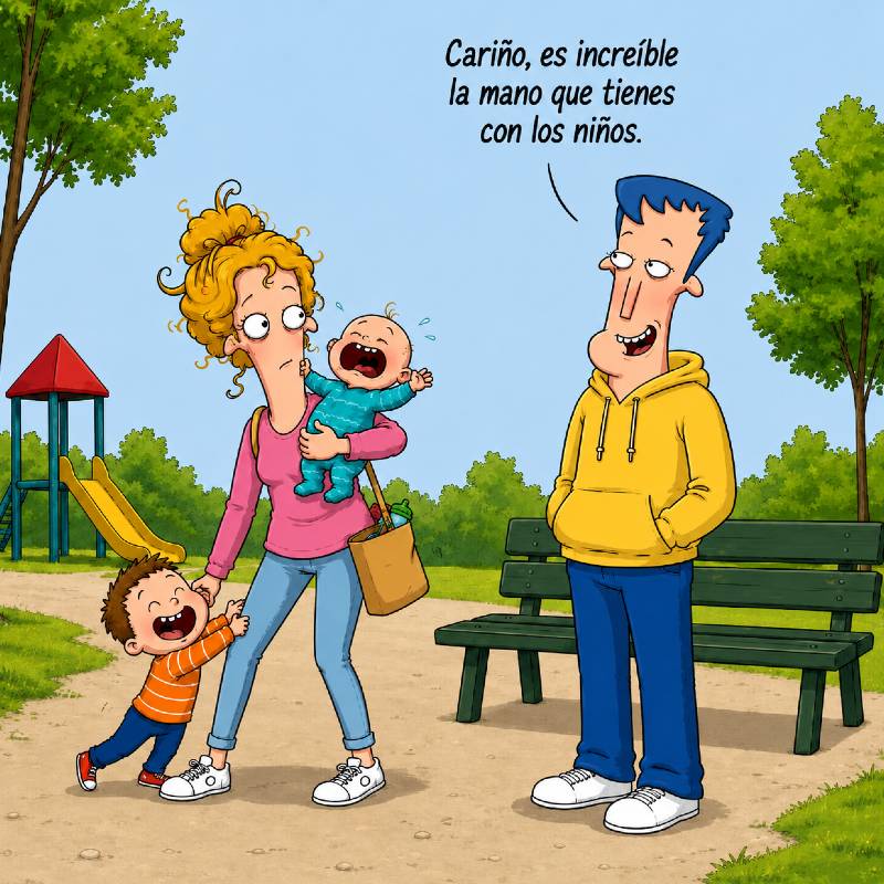Madre desbordada por los hijos ante la mirada del padre que se queda al margen