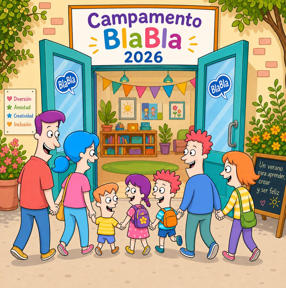 Grupo de padres con sus hijos acuden al campamento de BlaBla en Sanchinarro