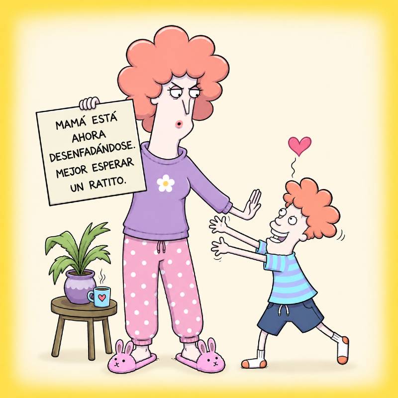 mamá que pide a su hijo que espere un ratito a que se le pase el enfado antes de abrazarla