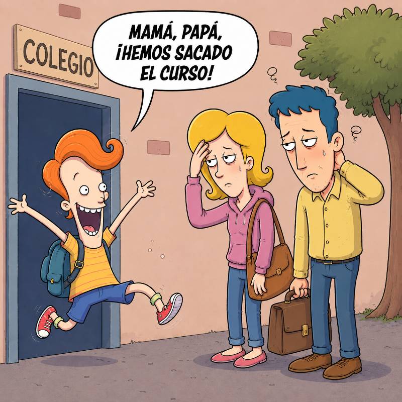un estudiante sale mostrando las notas a sus padres que están agotados del curso
