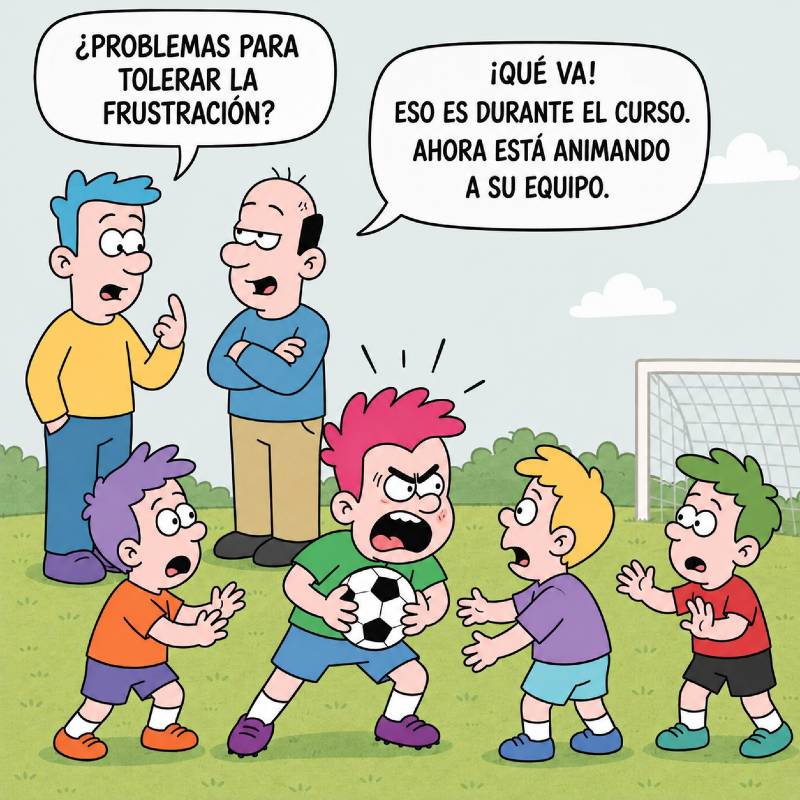 Viñeta humorística de un niño enfadado durante un partido de fútbol mientras dos padres comentan la escena