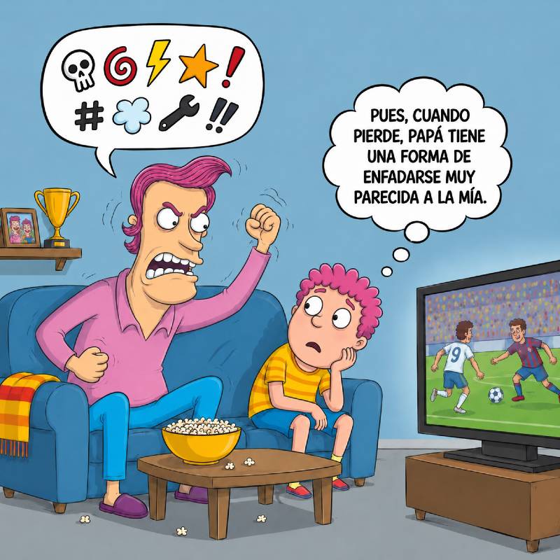 Un padre protesta durante un partido de fútbol mientras su hijo compara su enfado con el suyo