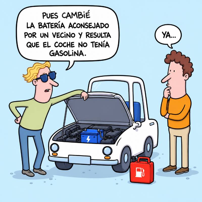 Viñeta de un coche averiado que ilustra los riesgos de seguir consejos sin conocer la causa del problema.