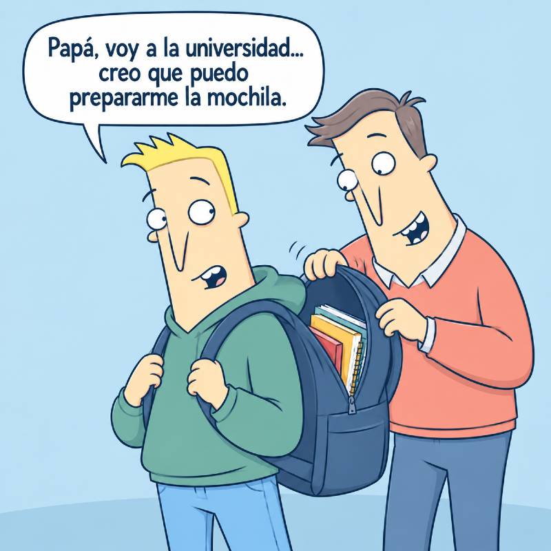 Un padre sigue supervisando la mochila de su hijo aunque este ya va a la universidad